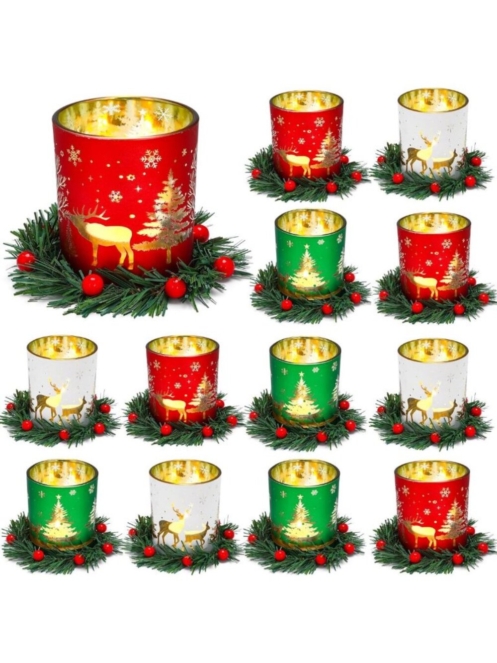 12 Set Christmas Glass Votive Candle Holders - Festive Home Decor & Table